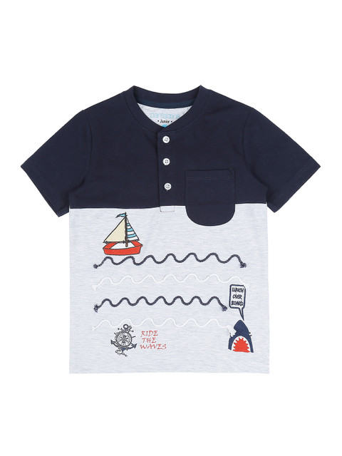

Pantaloons Junior Boys Navy Blue & Grey Colourblocked Henley Neck Pure Cotton T-shirt