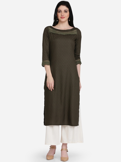 

Ojjasvi Women Olive Green Woven Design Straight Kurta