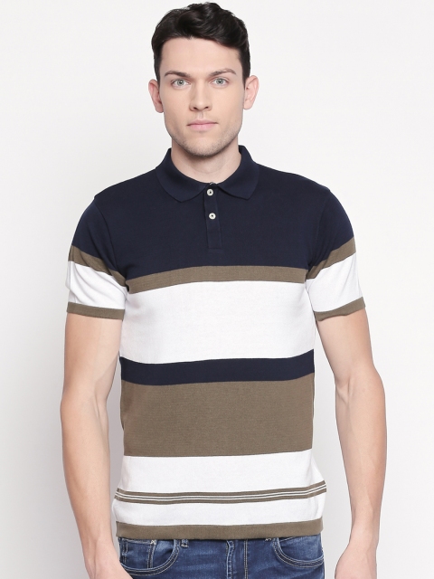 

BYFORD by Pantaloons Men Navy Blue White Striped Polo Collar Pure Cotton T-shirt
