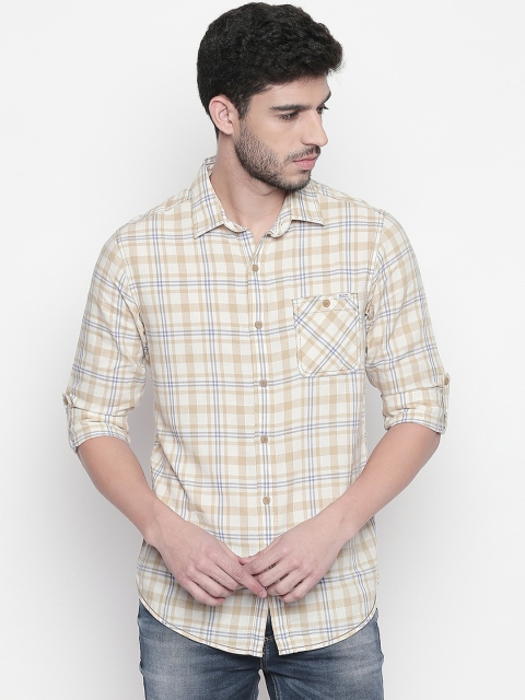 

Mufti Men Off-White & Khaki Slim Fit Checked Casual Shirt