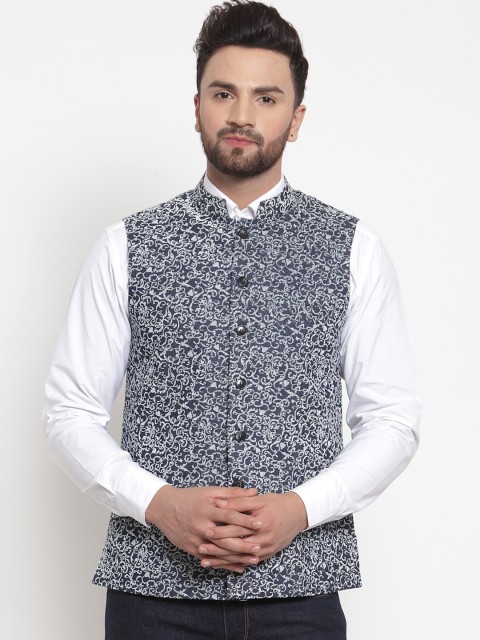 

NEUDIS Men Blue Printed Woven Pure Cotton Nehru Jacket