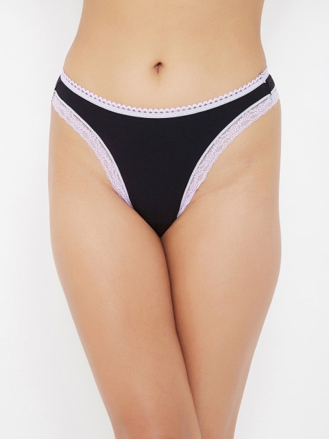 

Clovia Women Black Solid Lace Trim Low Waist Thongs PN3432P12S