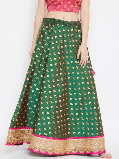 

studio rasa Women Green & Gold-Toned Silk Rubber Printed Flared Maxi Bias Skirt
