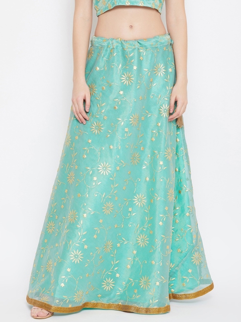 

studio rasa Women Blue & Gold-Toned Tissue Rubber Printed Flared Maxi Bias Skirt