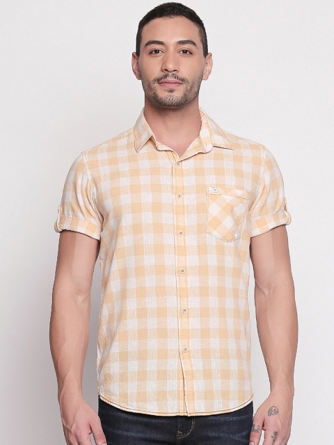 Mufti Men White & Yellow Slim Fit Checked Casual Shirt