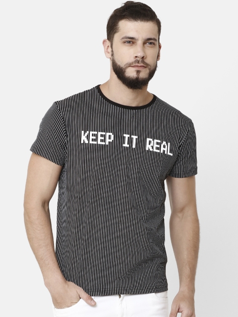 

ELEGANCE Men Black Striped Round Neck T-shirt