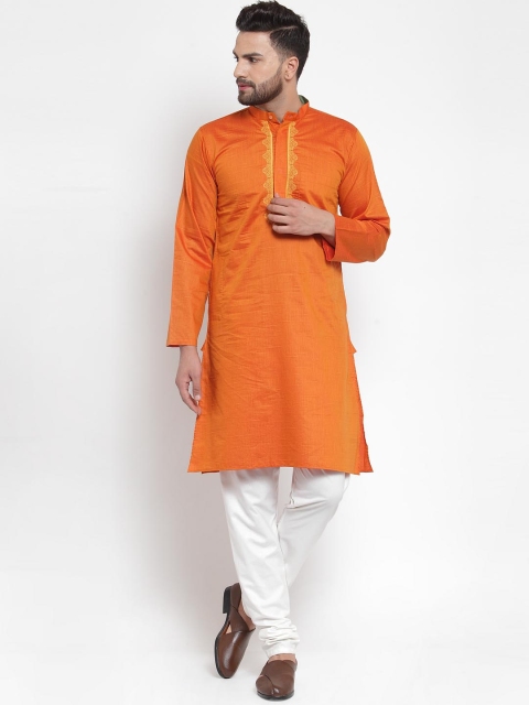 

NEUDIS Men Orange Embroidered Handloom Straight Kurta