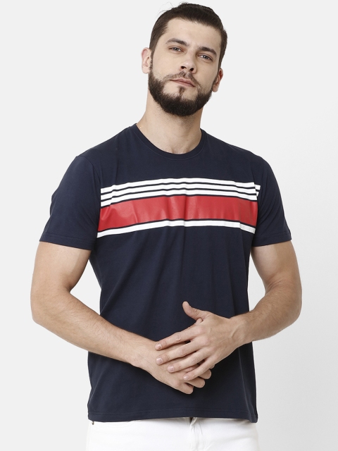 

ELEGANCE Men Navy Blue Striped Round Neck T-shirt