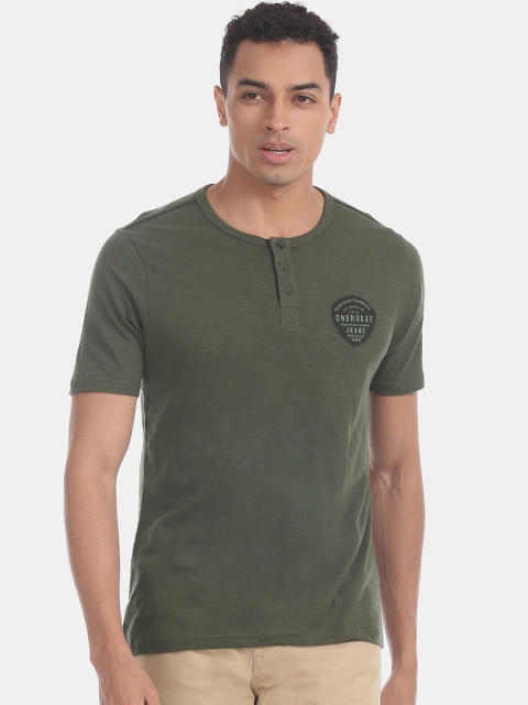 

Cherokee Men Olive Green Solid Henley Neck Pure Cotton T-shirt