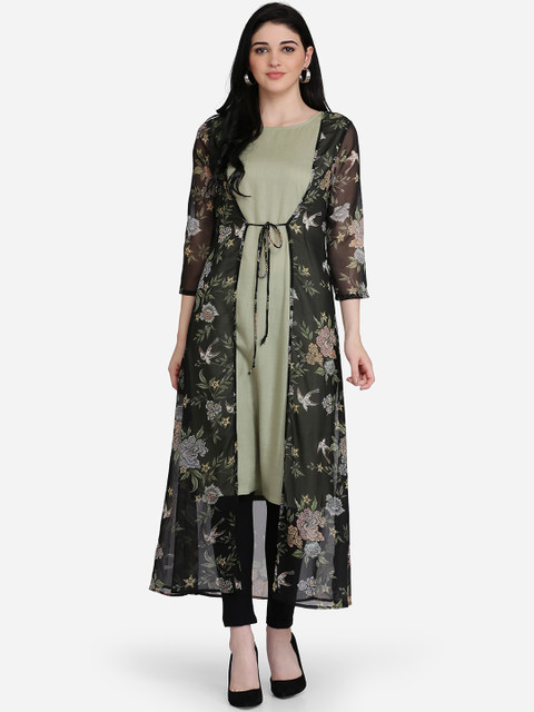 

Ojjasvi Women Olive Green & Black Floral Print A-Line Kurta with Jacket