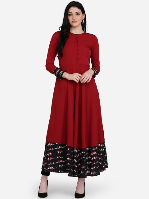 

Ojjasvi Women Maroon & Black Printed A-Line Kurta
