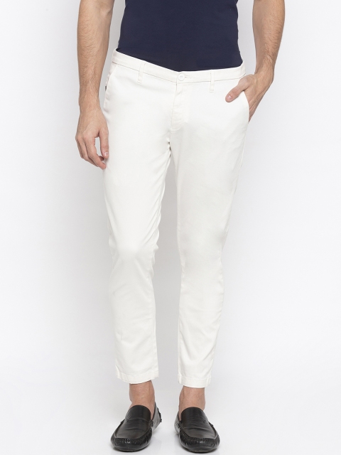 Men White Tapered Fit Solid Regular Trousers