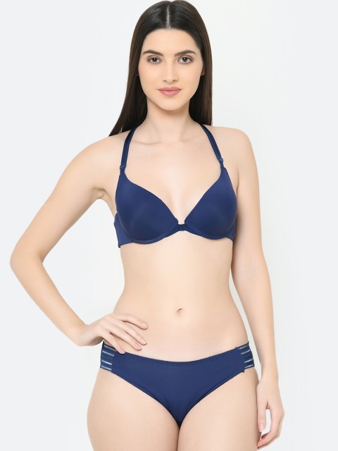 

Da Intimo Women Navy Blue Solid Front Open Designer Back Bridal Lingerie Set DI-1287