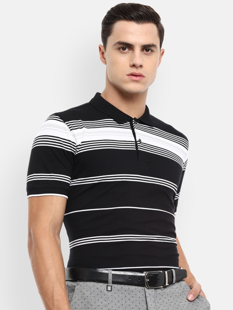 

Van Heusen Men Black White Striped Polo Collar Pure Cotton T-shirt