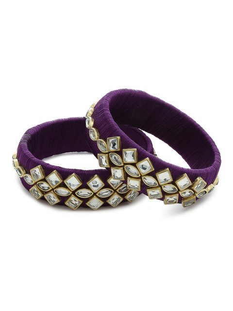 

AKSHARA Girls Set of 2 Purple & White Stone-Studded Handcrafted Silk Thread Bangles