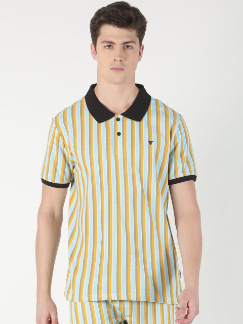 

Blue Saint Men Yellow & Blue Striped Polo Collar T-shirt
