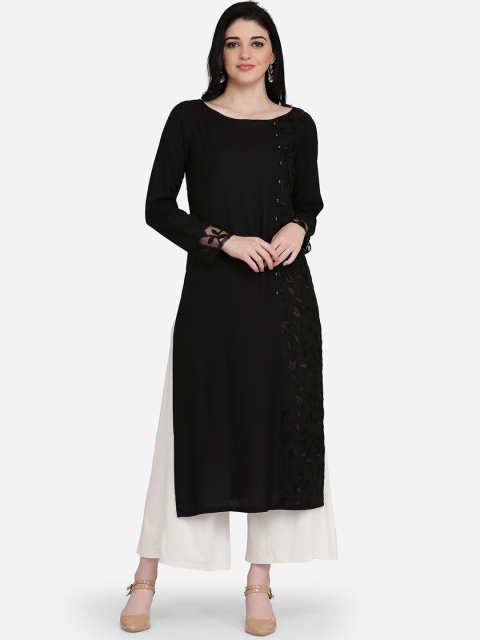 

Ojjasvi Women Black Embroidered Straight Kurta