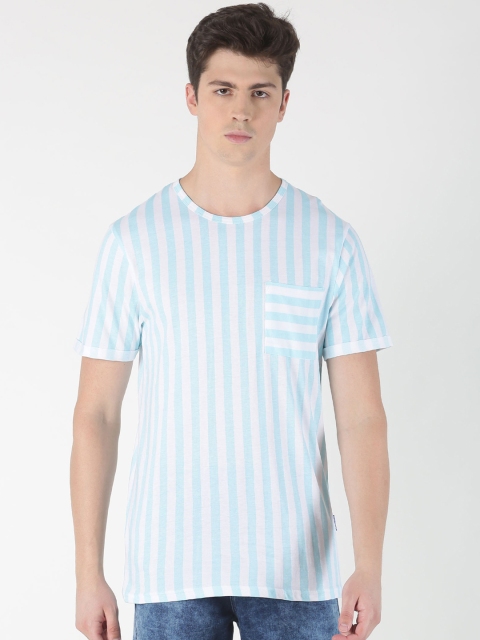 

Blue Saint Men Turquoise Blue & White Striped Round Neck T-shirt