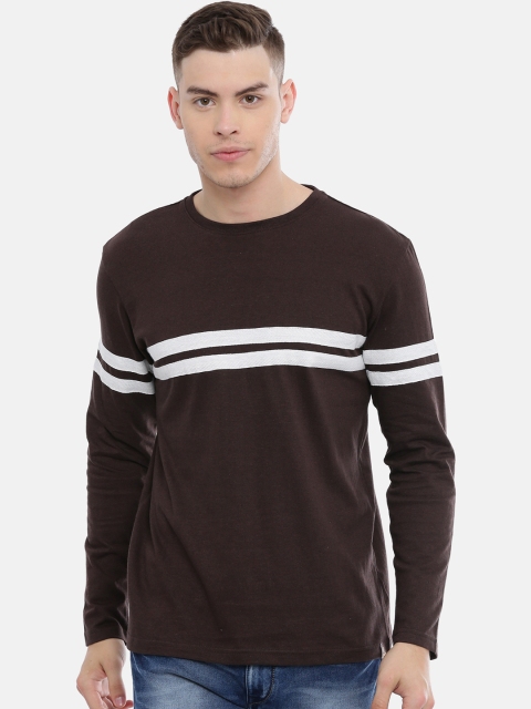 

Le Bison Men Coffee Brown & White Striped Round Neck T-shirt