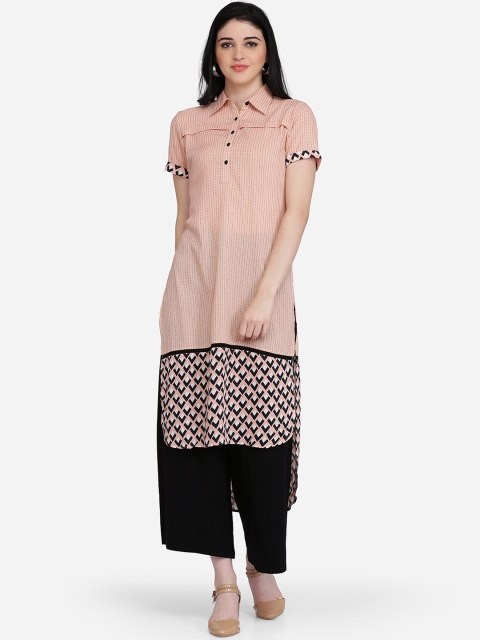 

Ojjasvi Women Peach-Coloured & Black Printed Straight Kurta
