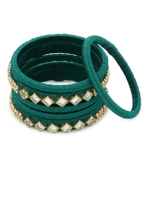 

AKSHARA Girls Set of 6 Green & Gold-Toned Stone Studded Handcrafted Silk Thread Bangles