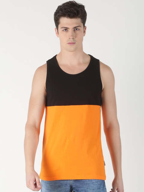 

Blue Saint Men Black & Orange Colourblocked Round Neck T-shirt