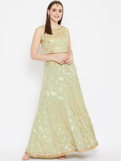 

studio rasa Women Olive Green Foil Printed Ready to Wear Lehenga with Blouse