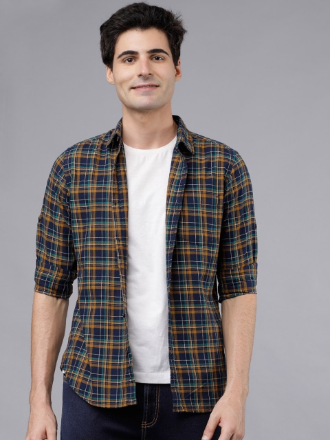 

Ecko Unltd Men Navy Blue & Mustard Yellwo Slim Fit Checked Casual Shirt