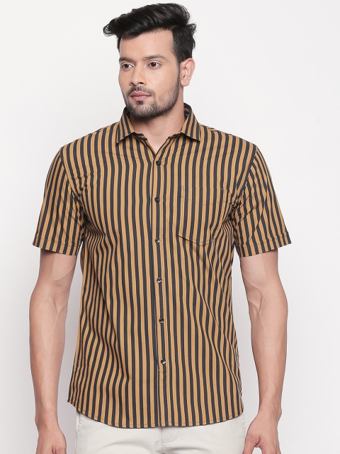 

L.A. SEVEN Men Mustard & Navy Blue Slim Fit Striped Casual Shirt