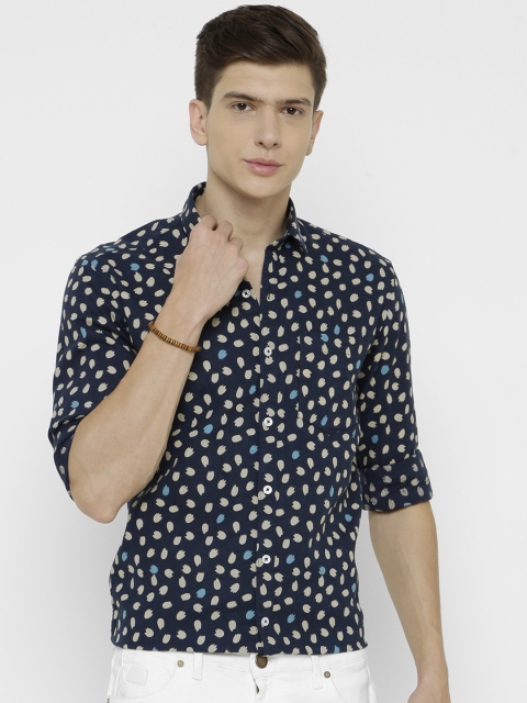 

CAVALLO by Linen Club Men Cotton Linen Navy Blue & White Regular Fit Printed Casual Shirt