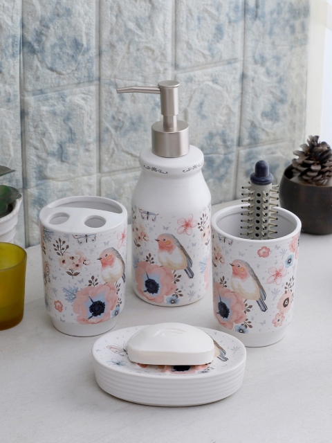 

Cortina 4-Piece White & Pink Printed Resin Bathroom Accessories