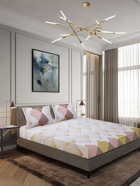 

Aura White & Beige Geometric 144 TC Cotton 1 King Bedsheet with 2 Pillow Covers