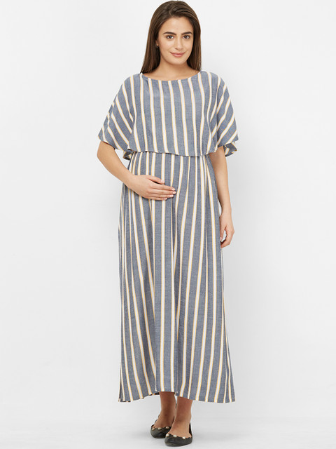 

Mystere Paris Women Grey Striped Maternity Maxi Dress