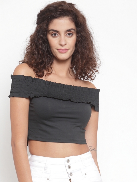 

Purplicious Women Grey Solid Bardot Top