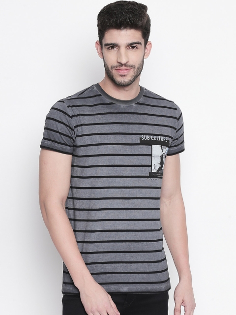 

Mufti Men Grey Striped Round Neck T-shirt