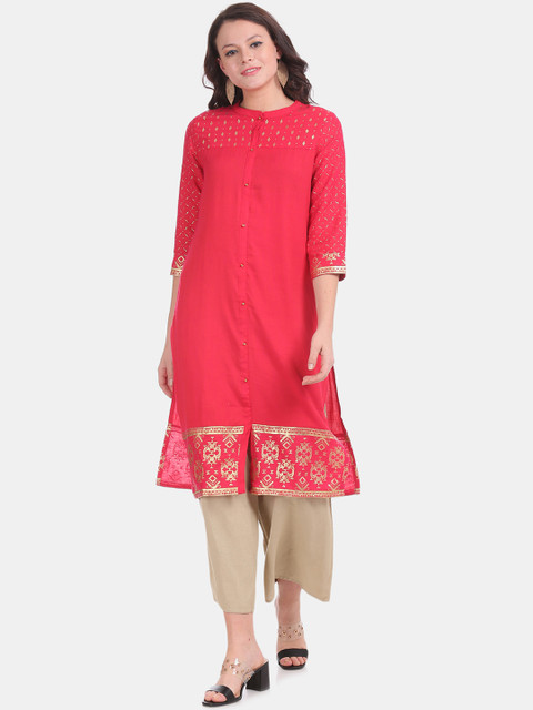 

Karigari Women Coral Red Solid Straight Kurta