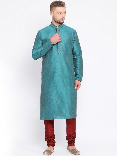 

Sanwara Men Green Solid Straight Silk Kurta