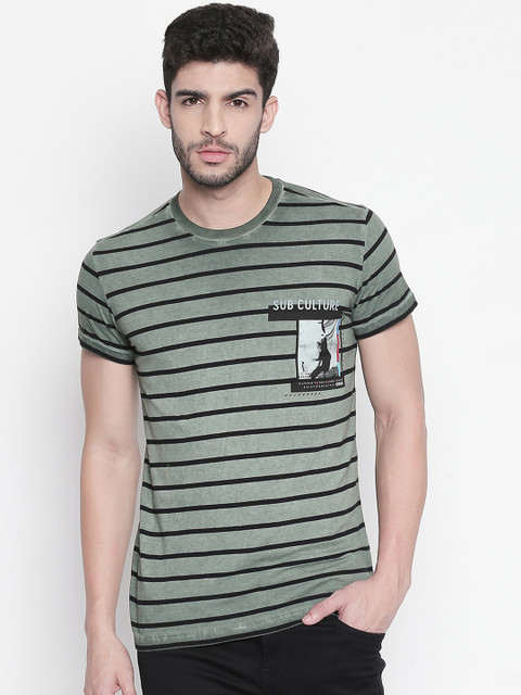 

Mufti Men Olive Green & Black Slim Fit Striped Round Neck T-shirt