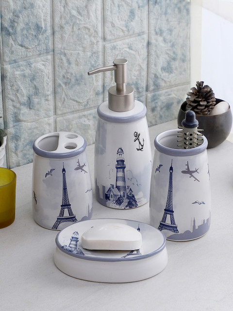 

Cortina Set Of 4 White & Grey Printed Resin Bathroom Accessories, Multi