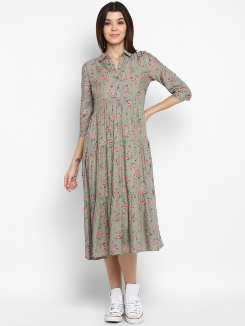 

MIAMINX Women Olive Green & Pink Printed Shirt Dress
