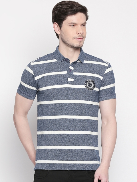 

Mufti Men Blue & White Slim Fit Striped Polo Collar T-shirt