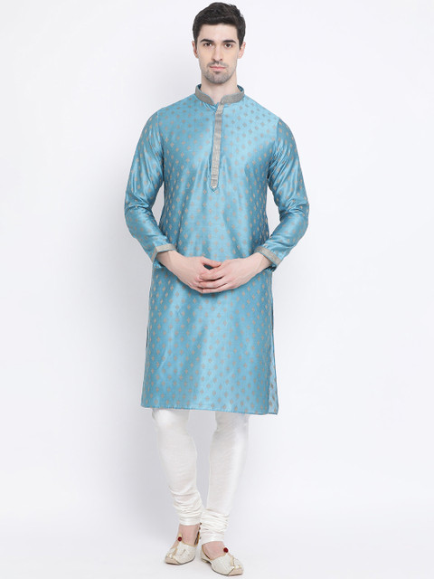 

Sanwara Men Blue & Gold-Coloured Woven Design Straight Jacquard Kurta