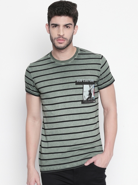 

Mufti Men Green & Black Striped Round Neck Slim Fit T-shirt