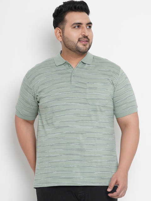 

John Pride Plus Size Men Sea Green Striped Polo Collar T-shirt