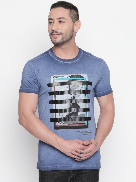 Mufti Men Blue Slim Fit Printed Round Neck Pure Cotton T-shirt