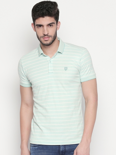 

Mufti Men Sea Green & White Slim Fit Striped Polo Collar T-shirt