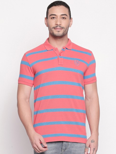 

Mufti Men Coral Red & Blue Slim Fit Striped Polo Collar T-shirt