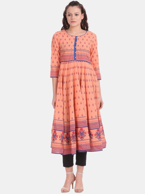 

Anahi Women Orange & Blue Printed A-Line Kurta
