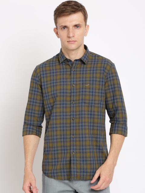 

Crocodile Men Navy Blue & Olive Green Slim Fit Checked Casual Shirt