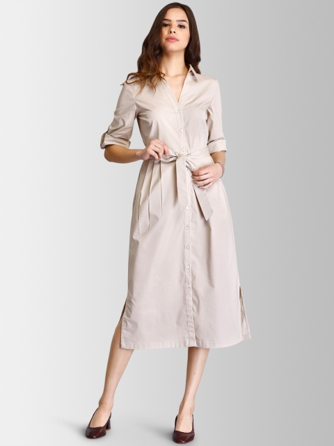 FableStreet Women Beige Solid Shirt Dress
